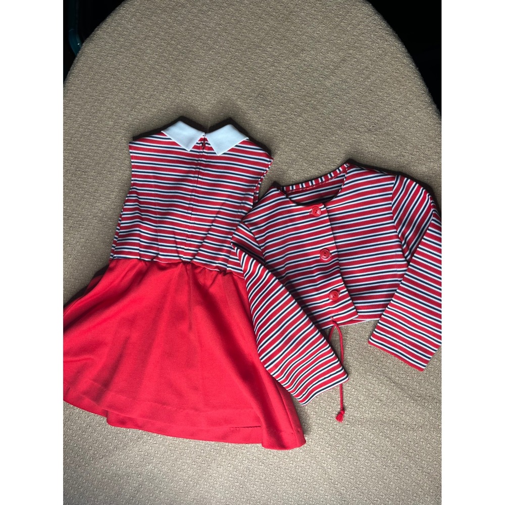 Vintage Mary Jane Kids Red Striped Dress and Jacket Set 2-Piece Polyester Knit